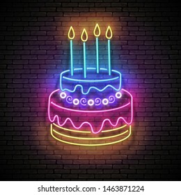 Vintage Glow Signboard with Cake and Candles. Holiday Flyer, Happy Birthday Greeting Card. Neon Light Poster, Banner, Invitation. Seamless Brick Wall. Vector 3d Illustration. Clipping Mask, Editable