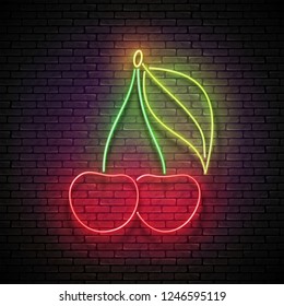 Vintage Glow Signboard with Cherry, Organic Fruit. Fresh Food Template. Shiny Neon Light Poster, Flyer, Banner, Postcard. Seamless Brick Wall. Vector 3d Illustration. Clipping Mask, Editable