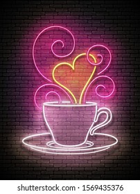 Vintage Glow Signboard with Coffee  Cup and Swirl Hot Steam. Cafe Label, Drink to go. Neon Poster, Flyer, Banner, Postcard, Invitation. Brick Wall. Vector 3d Illustration. Clipping Mask, Editable