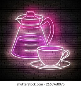 Vintage Glow Signboard with Coffee Pot and Cups. Cafe Label, Morning Drink. Neon Poster, Flyer, Banner, Postcard, Invitation. Brick Wall. Vector 3d Illustration. Clipping Mask, Editable