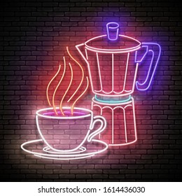 Vintage Glow Signboard with Cup of Coffee and Geyser Coffee Maker. Cafe Label, Morning Drink. Neon Poster, Flyer, Banner, Postcard, Invitation. Brick Wall. Vector 3d Illustration. Clipping Mask