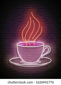 Vintage Glow Signboard with a Cup of Coffee with Steam. Cafe Label. Cappuchino, Espresso, Americano Drink. Neon Poster, Flyer, Banner, Postcard, Invitation. Brick Wall. Vector 3d Illustration