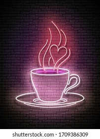 Vintage Glow Signboard with a Cup of Coffee with Steam. Cafe Label. Cappuchino, Espresso, Americano Drink. Neon Poster, Flyer, Banner, Postcard, Invitation. Brick Wall. Vector 3d Illustration