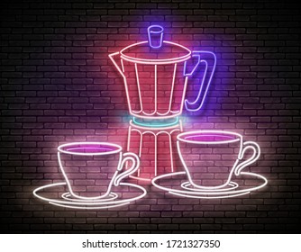 Vintage Glow Signboard with Cup of Coffee and Geyser Coffee Maker. Cafe Label, Morning Drink. Neon Poster, Flyer, Banner, Postcard, Invitation. Brick Wall. Vector 3d Illustration. Clipping Mask