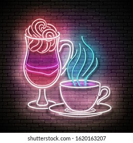 Vintage Glow Signboard with a Cup of Different Coffee. Cafe Label. Cappucсino, Espresso, Americano, Drink To Go. Neon Poster, Flyer, Banner, Postcard, Invitation. Brick Wall. Vector 3d Illustration