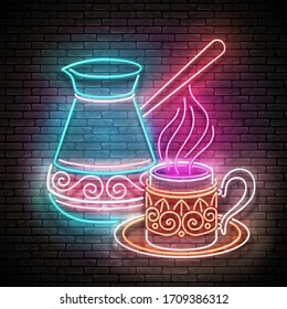 Vintage Glow Signboard with Decorated Cezve and Cup of Coffee. Cafe Label, Traditional Drink. Neon Poster, Flyer, Banner, Postcard, Invitation. Brick Wall. Vector 3d Illustration. Clipping Mask