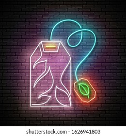 Vintage Glow Signboard with Decorated Tea Bag. Cafe Label, Herbal Drink. Neon Poster, Flyer, Banner, Postcard, Invitation. Brick Wall. Vector 3d Illustration. Clipping Mask, Editable