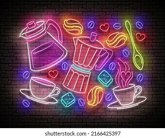 Vintage Glow Signboard with Different Types of Coffee. Cafe Label. Cappuccino, Espresso, Americano, Turkish. Neon Poster, Flyer, Banner, Postcard, Invitation. Vector 3d Illustration. Brick Wall