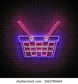 Vintage Glow Signboard with Empty Shopping Basket. Grocery, Supermarket, Marketing Concept. Shiny Neon Poster, Flyer, Banner, Business Card. Seamless Brick Wall. Vector 3d Illustration. Clipping Mask