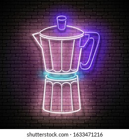 Vintage Glow Signboard with  Geyser Coffee Maker. Cafe Label, Morning Drink. Neon Poster, Flyer, Banner, Postcard, Invitation. Brick Wall. Vector 3d Illustration. Clipping Mask, Editable