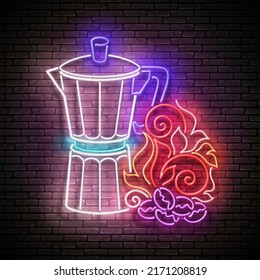 Vintage Glow Signboard with Geyser Coffee Maker Roasted on Fire Coffee Beans. Cafe Label, Morning Drink. Neon Poster, Flyer, Banner, Postcard, Invitation. Brick Wall. Vector 3d Illustration