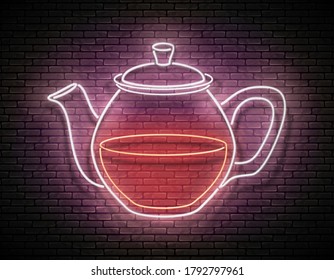 Vintage Glow Signboard with Glass Tea Pot. Cafe Label, Herbal Drink. Neon Poster, Flyer, Banner, Postcard, Invitation. Brick Wall. Vector 3d Illustration. Clipping Mask, Editable