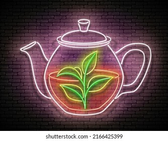 Vintage Glow Signboard with Glass Tea Pot and Branch of Plant. Cafe Label, Herbal Drink. Neon Poster, Flyer, Banner, Postcard, Invitation. Brick Wall. Vector 3d Illustration. Clipping Mask, Editable

