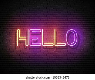 Vintage Glow Signboard with Hello Inscription. Lettering on Brick Wall, Template. Shiny Neon Light Poster, Banner, Postcard, Invitation. Advertisement Flyer. Vector 3d Illustration. Clipping Mask