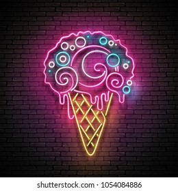 Vintage Glow Signboard with Ice Cream Cone and Ball. Cafe Flyer Template. Shiny Neon Light Poster, Banner, Playbill, Night Club Invitation. Seamless Brick Wall. Vector 3d Illustration. Clipping Mask