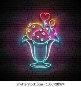 Vintage Glow Signboard with Ice Cream Balls in Vase, Candies Decor. Cafe Flyer Template. Shiny Neon Light Poster, Banner, Invitation. Seamless Brick Wall. Vector 3d Illustration. Clipping Mask