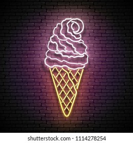 Vintage Glow Signboard with Ice Cream Cone and Ball. Cafe Flyer Template. Shiny Neon Light Poster, Banner, Playbill, Night Club Invitation. Seamless Brick Wall. Vector 3d Illustration. Clipping Mask