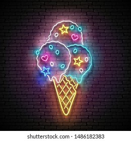 Vintage Glow Signboard with Ice Cream Balls in Cone and Candies. Cafe Flyer Template. Shiny Neon Light Poster, Banner, Invitation. Seamless Brick Wall. Vector 3d Illustration. Clipping Mask