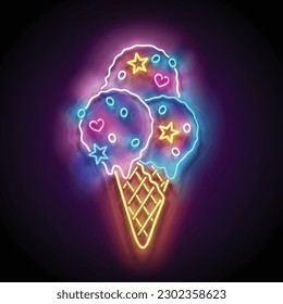 Vintage Glow Signboard with Ice Cream Balls in Cone and Candies. Cafe Flyer Template. Shiny Neon Light Poster, Banner, Playbill, Night Club Invitation. Glossy Background. Vector 3d Illustration