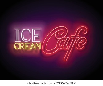 Vintage Glow Signboard mit Eis Cream Cafe Inschrift. Neon Retro Lettering. Shiny Neon Light Poster, Banner, Playbill, Night Club Einladung. glänzender Hintergrund. Vektorgrafik 3D