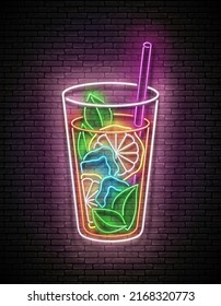 Vintage Glow Signboard with Ice Tea in Tall Glass, Lemon and Mint. Summer Cocktail, Cold Drink. Neon Poster, Flyer, Banner, Postcard, Invitation. Brick Wall. Vector 3d Illustration. Clipping Mask