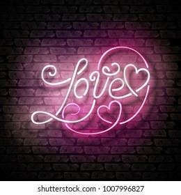 Vintage Glow Signboard with Love Inscription. Valentine's Day Greeting Card Template. Shiny Neon Light Style Lettering. Holiday Flyer, Banner, Label. Vector 3d Illustration. Abstract Decorative Art