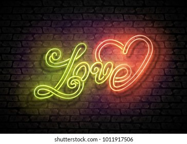 Vintage Glow Signboard with Love Inscription. Valentine's Day Greeting Card Template. Shiny Neon Light Style Lettering. Holiday Flyer, Banner, Label. Vector 3d Illustration. Abstract Decorative Art