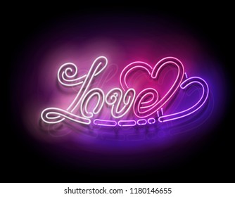 Vintage Glow Signboard with Love Inscription. Valentine's Day Greeting Card Template. Shiny Neon Light Style Lettering. Holiday Flyer, Banner, Label. Vector 3d Illustration. Clipping Mask, Editable