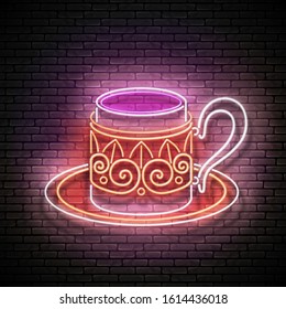 Vintage Glow Signboard with a Metal Cup of Turkish Coffee. Cafe Label, Traditional Drink. Neon Poster, Flyer, Banner, Postcard, Invitation. Brick Wall. Vector 3d Illustration. Clipping Mask, Editable
