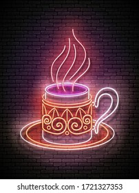 Vintage Glow Signboard with a Metal Cup of Turkish Coffee with Steam. Cafe Label, Traditional Drink. Neon Poster, Flyer, Banner, Postcard, Invitation. Brick Wall. Vector 3d Illustration