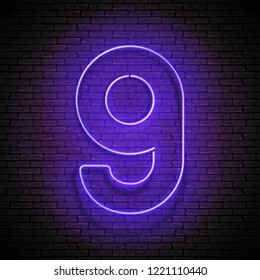 Vintage Glow Signboard with Number Nine, Design Element. Shiny Neon Light. Template for Banner, Poster, Logo, Emblem, Symbol. Seamless Brick Wall. Vector 3d Illustration. Clipping Mask, Editable