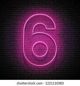 Vintage Glow Signboard with Number Six, Design Element. Shiny Neon Light. Template for Banner, Poster, Logo, Emblem, Symbol. Seamless Brick Wall. Vector 3d Illustration. Clipping Mask, Editable