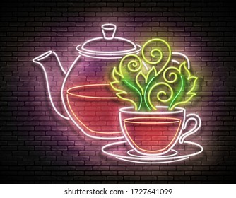 Vintage Glow Signboard with Ornate Glass Tea Pot and Cup. Cafe Label, Herbal Drink. Neon Poster, Flyer, Banner, Postcard, Invitation. Brick Wall. Vector 3d Illustration. Clipping Mask, Editable