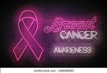 Vintage Glow Signboard with Pink Ribbon. Breast Cancer Awareness Month. Template for Flyer, Banner, Invitation. Brick Wall, Vertical Seamless. Vector 3d Illustration. Clipping Mask, Editable