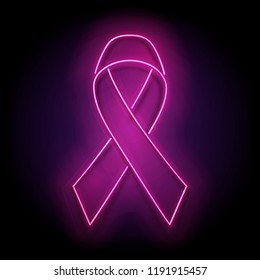 Vintage Glow Signboard with Pink Ribbon. Breast Cancer Awareness Month. Neon Light Poster, Flyer, Banner, Postcard, Invitation. Glossy Black Background. Vector 3d Illustration. Clipping Mask, Editable