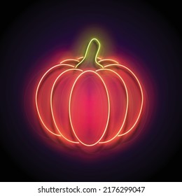 Vintage Glow Signboard with Pumpkin. Shiny Neon Light Fall Plant. Design Element for Thanksgiving and Halloween Holidays. Glossy Background. Vector 3d Illustration