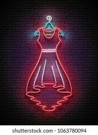 Vintage Glow Signboard with Red Dress, Shopping Concept. Atelier, Showroom, Tailor, Dressmaker, Boutique. Shiny Neon Light Poster, Flyer, Banner, Business Card. Vector 3d Illustration. Clipping Mask