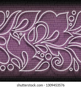 Vintage Glow Signboard with Seamless Ornate Lace in Paisley Garden Style. Shiny Neon Light Poster, Flyer, Banner, Postcard, Invitation. Brick Wall. Vector 3d Illustration. Clipping Mask, Editable