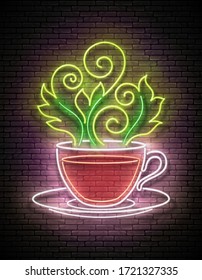 Vintage Glow Signboard with Tea Cup and Ornate Hot Steam. Cafe Label, Herbal Drink. Neon Poster, Flyer, Banner, Postcard, Invitation. Brick Wall. Vector 3d Illustration. Clipping Mask, Editable