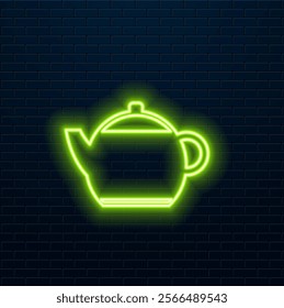 Vintage Glow Signboard with Tea Cup and Branch of Plant. Cafe Label, Herbal Drink. Neon Poster, Flyer, Banner, Postcard, Invitation. Brick Wall. Vector 3d Illustration. Clipping Mask, Editable.