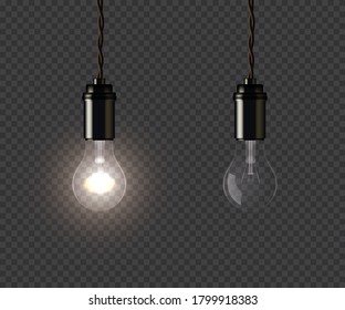 Vintage glowing and extinguished lamps holding on wire on dark transparent background. Vector isolated design element