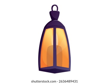 Vintage glowing lantern with warm orange light and dark top. Vector isolated cartoon illustration for fairytale, festive, or fantasy design, game assets, and decorative elements.
