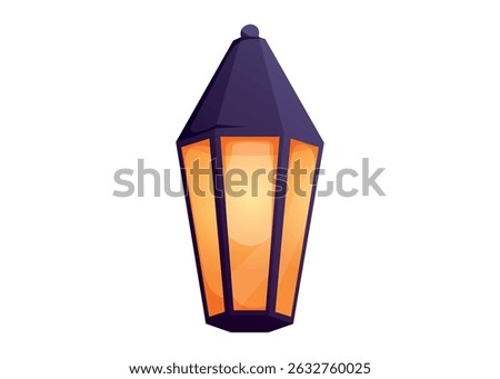 Vintage glowing lantern with warm orange light and dark top. Vector isolated cartoon illustration for fairytale, festive, or fantasy design, game assets, and decorative elements.