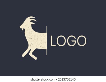 Vintage goat logo for Butchery meat shop, goat farm, dairy farm. Logo template for meat business, meat shop. Isolated white silhouette goat on black background. Vector Illustration