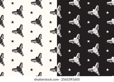 vintage goat skull bone seamless pattern on black white background for adventure merchandise.  retro curved horns with skull pattern background. pattern of animal skull with big horn vector background