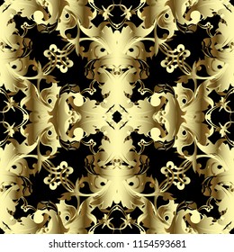 Vintage gold 3d Baroque vector seamless pattern. Antique ornamental Damask background. Ornate gold Baroque wallpaper. Decorative old renaissance Victorian style ornament. Golden flowers, scroll leaves