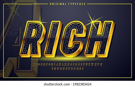 Vintage, gold 3d font and alphabet. English letters and numbers in a gold frame with a patterned and rich texture. Suitable for headlines and short captions.