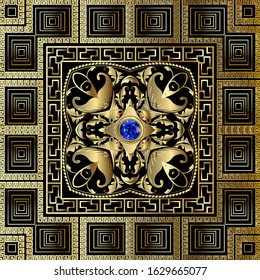 Vintage gold 3d greek vector seamless pattern. Baroque Damask ornamental background. Geometric repeat backdrop. Luxury greek key meander squares ornament. Golden flowers, leaves, frames, blue sapphire