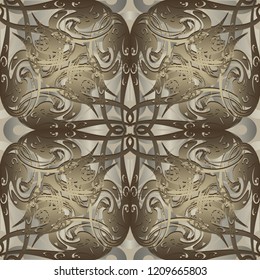 Vintage gold 3d vector seamless pattern. Baroque Damask ornamental background. Hand drawn arabic style floral ornament. Fantasy arabesque flowers, leaves, swirls. Ornate patterned surface texture.