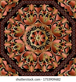 Vintage gold 3d vector seamless pattern. Floral ornamental colorful background. Baroque style colorful 3d ornament. Golden flowers, mandalas, lines, leaves. Luxury design. Greek key meanders frames.
